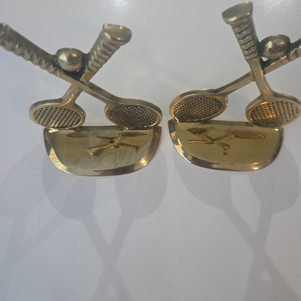 Vintage Brass Tennis Racket Bookends Pair 1970s Taiwan Sports Decor Gold Tone - Picture 7 of 11